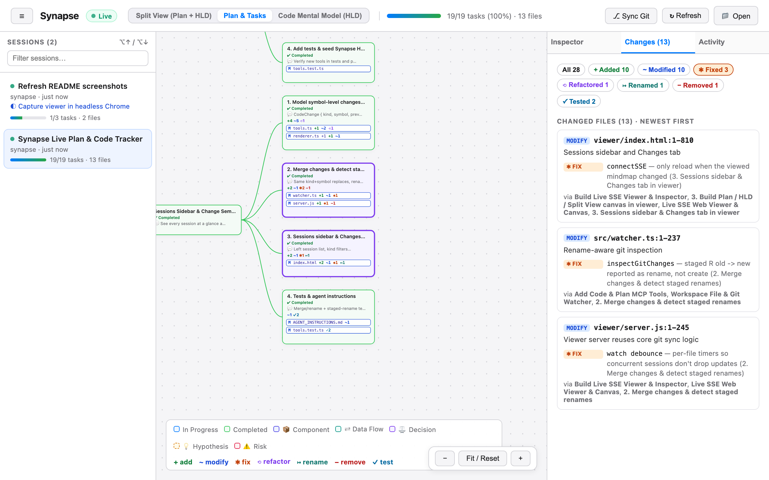 Plan & Tasks view with the Changes tab filtered to fixes